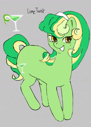 Size: 1004x1403 | Tagged: safe, oc, oc only, oc:lime twist, earth pony, curly hair, earth pony oc, female, gray background, green coat, green mane, headband, simple background, solo, yellow eyes