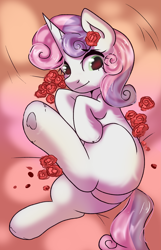 Size: 2223x3456 | Tagged: safe, artist:kristina, sweetie belle, pony, unicorn, g4, blank flank, butt, commission, flower, horn, rose, solo, sweetie butt, underhoof, ych result