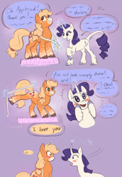 Size: 1405x2048 | Tagged: safe, artist:churrokat, applejack, rarity, classical unicorn, earth pony, pony, unicorn, g4, alternate design, alternate tailstyle, blushing, cloven hooves, coat markings, colored muzzle, comic, dialogue, duo, duo female, emanata, eyebrows, eyebrows visible through hair, eyeshadow, facial markings, female, freckles, glowing, glowing horn, hatless, horn, i love you, leg freckles, leonine tail, lesbian, magic, makeup, mare, mealy mouth (coat marking), measuring tape, missing accessory, open mouth, open smile, orange coat, ponytail, purple background, purple mane, purple tail, raised hoof, raised leg, ringlets, ship:rarijack, shipping, signature, simple background, smiling, socks (coat markings), speech bubble, standing, tail, tail fluff, talking, telekinesis, text, tied mane, tied tail, unshorn fetlocks, white coat, wingding eyes