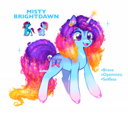 Size: 2048x1836 | Tagged: safe, artist:madisockz, misty brightdawn, pony, unicorn, g5, my little pony: make your mark, my little pony: tell your tale, :3, alternate design, alternate hairstyle, big eyes, blue coat, blue text, coat markings, colored eartips, colored eyebrows, colored eyelashes, colored hooves, colored pinnae, curly mane, curly tail, cute, dorsal stripe, ear piercing, earring, ethereal mane, eye clipping through hair, eyebrows, eyebrows visible through hair, eyeshadow, facial markings, female, freckles, gradient horn, gradient legs, green eyes, horn, jewelry, long mane, long tail, magic, makeup, mare, mistybetes, multicolored mane, multicolored tail, open mouth, open smile, piercing, rebirth misty, redesign, shiny hooves, signature, simple background, smiling, socks (coat markings), solo, sparkles, sparkly mane, sparkly tail, standing, starry eyes, starry mane, starry tail, tail, text, thin, two toned eyes, unicorn horn, white background, wingding eyes