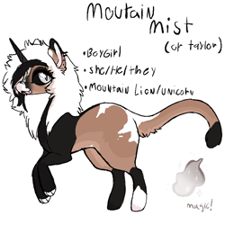 Size: 900x900 | Tagged: source needed, safe, artist:mischiefhooves, oc, oc only, oc:mountain mist, big cat, cat, cat pony, hybrid, original species, pony, unicorn, boygirl, cat tail, coat markings, colored horn, emo, horn, hybrid oc, mountain lion, mountain lion pony, nonbinary, paint, paws, pronouns, reference sheet, simple background, socks (coat markings), tail, tongue out, transgender, unicorn oc, white background
