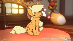 Size: 2560x1440 | Tagged: safe, alternate character, alternate version, artist:skitsroom, part of a set, applejack, earth pony, pony, g4, beanbrows, cheek fluff, chest fluff, cute, cyrillic, disembodied hand, eyebrows, female, floating heart, genshin impact, hand, heart, jackabetes, mare, one eye closed, petting, ponified, ponified scene, russian, sitting, smiling