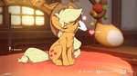 Size: 2560x1440 | Tagged: safe, alternate character, alternate version, artist:skitsroom, part of a set, applejack, earth pony, pony, g4, cheek fluff, chest fluff, cute, cyrillic, disembodied hand, female, floating heart, genshin impact, hand, heart, jackabetes, mare, one eye closed, petting, ponified, ponified scene, russian, sitting, smiling
