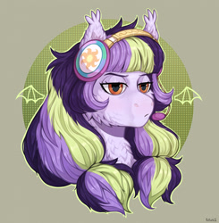 Size: 1900x1939 | Tagged: safe, artist:birdoffnorth, oc, oc only, oc:fizzle, bat pony, pony, bat pony oc, bust, chest fluff, commission, female, headphones, lidded eyes, mare, solo