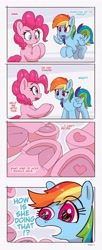 Size: 1679x4096 | Tagged: safe, artist:pabbley, pinkie pie, rainbow dash, earth pony, pegasus, pony, g4, comic, dialogue, duo, duo female, extra legs, faic, female, frog (hoof), high res, hoof heart, hoofbutt, hooves, lampshade hanging, mare, open mouth, pinkie being pinkie, rainbow dash is best facemaker, underhoof, upside-down hoof heart
