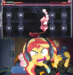 Size: 1280x1330 | Tagged: safe, edit, edited screencap, screencap, fluttershy, sunset shimmer, equestria girls, g4, game stream, my little pony equestria girls: better together, circuit crystal, gamer sunset, gravity circuit, kai (gravity circuit), psycho gamer sunset, rage, rageset shimmer, sunset shimmer frustrated at game, tell me what you need, that pony sure have anger issues