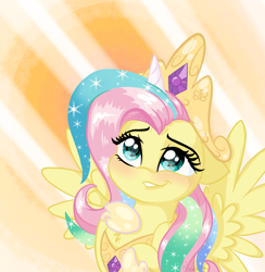 Size: 1760x1805 | Tagged: safe, artist:flutterbug18, fluttershy, pegasus, pony, g4, blushing, bust, cosplay, costume, crown, cute, fake horn, female, floppy ears, jewelry, mare, regalia, shyabetes, shylestia, smiling, solo, spread wings, sunburst background, wings