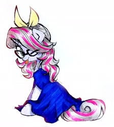 Size: 1837x2048 | Tagged: safe, artist:liaaqila, oc, oc only, oc:velvet melody, pony, unicorn, clothes, dress, glasses, horn, one eye closed, simple background, solo, tongue out, traditional art, unicorn oc, white background, wink