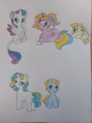 Size: 3468x4624 | Tagged: safe, artist:doodletheexpoodle, oc, oc only, oc:ballroom blitz, oc:blueberry muffin, oc:pansy petals, oc:serene remedy, oc:starship, alicorn, earth pony, pegasus, pony, unicorn, baby, baby pony, blank flank, colt, female, filly, foal, horn, leonine tail, lying down, magical gay spawn, magical lesbian spawn, male, offspring, offspring's offspring, parent:oc:margalo, parent:oc:moonstone, parent:oc:northern star, parent:oc:ocean tide, parent:oc:scribble pie, parent:oc:speedwell, parent:princess flurry heart, parents:canon x oc, parents:oc x oc, prone, sitting, spread wings, tail, tongue out, traditional art, wings