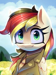 Size: 2228x3000 | Tagged: safe, artist:opal_radiance, oc, oc only, oc:anja snow, pegasus, pony, equestria at war mod, bust, clothes, fangs, female, folded wings, germany, high res, looking at you, mare, multicolored hair, multicolored mane, necktie, pegasus oc, portrait, smiling, smiling at you, solo, wings