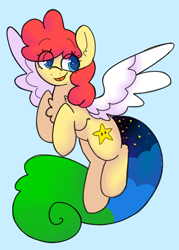 Size: 2000x2800 | Tagged: safe, artist:puppie, oc, oc only, oc:power star, pegasus, pony, blue background, chest fluff, cute, every copy of super mario 64 is personalized, female, flying, mare, ocbetes, rule 85, simple background, solo, super mario 64, super mario bros., tongue out