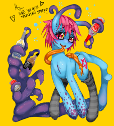 Size: 1164x1280 | Tagged: safe, artist:slugbox, oc, oc only, oc:cteno, goo, goo pony, original species, pony, alcohol, clothes, drink, drunk, female, glasses, heart, mare, simple background, socks, solo, tongue out, yellow background