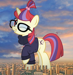 Size: 1479x1524 | Tagged: safe, artist:jhayarr23, edit, editor:jaredking779, moondancer, pony, unicorn, g4, attack on pony, clothes, female, giant pony, giantess, glasses, grin, highrise ponies, horn, irl, looking at you, macro, mare, one eye closed, photo, ponies in real life, raised hoof, red eyes, singapore, smiling, solo, story included, sweater, wink, winking at you