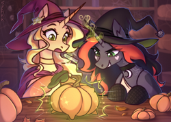 Size: 1118x794 | Tagged: safe, artist:sparkling_light, oc, oc:sparkling light, pony, unicorn, choker, clothes, duo, female, hat, horn, looking at someone, magic, npn (nightmare pony night), open mouth, potion, pumpkin