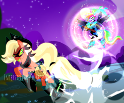 Size: 8251x6857 | Tagged: safe, artist:interstellar-quartz, applejack, rainbow dash, earth pony, pegasus, pony, eternal night au (janegumball), g4, absurd resolution, bandana, base used, boots, choker, cowboy boots, dexterous hooves, domino mask, duo, duo female, electric guitar, female, green sclera, gritted teeth, guitar, hoof hold, lasso, musical instrument, night, nightmare applejack, nightmare rainbow dash, nightmarified, open mouth, rope, shoes, signature, slit pupils, spiked choker, spiked wristband, teeth, tongue out, wristband