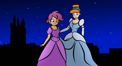 Size: 1280x690 | Tagged: safe, artist:lunascastle, scootaloo, human, equestria girls, g4, alternate hairstyle, castle, cinderella, clothes, curtsey, cute, cutealoo, dress, duo, evening gloves, gloves, gown, grin, hair bun, hairband, long gloves, night, poofy shoulders, scootalove, smiling