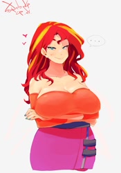 Size: 1400x2000 | Tagged: dead source, safe, artist:sozglitch, sunset shimmer, human, g4, ..., arm under breasts, bare shoulders, big breasts, breasts, busty sunset shimmer, clothes, crossed arms, female, floating heart, heart, huge breasts, humanized, looking at you, skirt, smiling, smiling at you