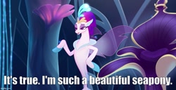 Size: 975x500 | Tagged: safe, edit, edited screencap, screencap, queen novo, seapony (g4), g4, my little pony: the movie, bubble, caption, coral, crepuscular rays, crown, dorsal fin, eyebrows, eyelashes, eyeshadow, female, fin, fin wings, fins, fish tail, flowing mane, flowing tail, glowing, image macro, imgflip, jewelry, lidded eyes, makeup, ocean, open mouth, open smile, peytral, purple eyes, purple tail, purple wings, regalia, scales, seaquestria, smiling, smug, swimming, tail, text, throne, throne room, transparent wings, truth, underwater, water, wings