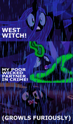 Size: 530x894 | Tagged: safe, edit, edited screencap, editor:incredibubbleirishguy, screencap, queen chrysalis, g4, to where and back again, what lies beneath, caption, comic, dark, furious, hat, image macro, implied starlight glimmer, mourning, quote, rain, reference, reference used, screencap comic, text, the little mermaid, the wizard of oz, ursula, wicked witch, wicked witch of the west, witch hat