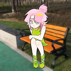 Size: 1300x1300 | Tagged: safe, artist:liyuxin93103, fluttershy, human, g4, bench, cute, human coloration, humanized, real life background, shyabetes, sitting, solo