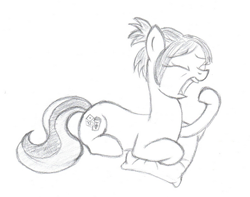 Size: 501x395 | Tagged: safe, artist:fleximusprime, earth pony, monochrome, pillow, simple background, solo, white background, yawn
