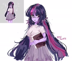 Size: 2048x1726 | Tagged: safe, artist:petaltwinkle, artist:sugarcube269, twilight sparkle, equestria girls, g4, alternate clothes, alternate design, alternate hairstyle, blushing, clothes, colored sketch, eye clipping through hair, eyebrows, eyebrows visible through hair, female, glasses, holding book, long hair, multicolored hair, open mouth, open smile, pigtails, purple eyes, purple skin, shirt, signature, simple background, sketch, skirt, smiling, solo, square glasses, t-shirt, thin, tied hair, twintails, white background, wingding eyes