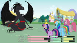 Size: 2872x1587 | Tagged: safe, artist:culu-bluebeaver, pinkie pie, rainbow dash, twilight sparkle, oc, oc:plague, demon, earth pony, pegasus, pony, serpent, unicorn, comic:the six-winged serpent, g4, boss battle, canon x oc, claws, cloud, digital, digital art, element of laughter, element of loyalty, element of magic, fangs, fight, health bars, horn, house, mountain, ponyville, red eyes, rpg, vector, wings