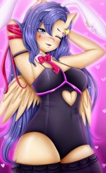 Size: 700x1133 | Tagged: safe, artist:rafi, oc, oc only, oc:star guardian, pegasus, anthro, bunny ears, bunny suit, clothes, ear fluff, harness, leotard, long mane, necktie, purple eyes, ribbon, socks, solo, spread wings, stockings, thigh highs, wings