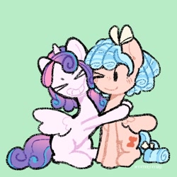 Size: 2048x2048 | Tagged: safe, artist:starrymysteryy, cozy glow, princess flurry heart, alicorn, pegasus, pony, g4, eyes closed, female, filly, foal, green background, grin, hug, lesbian, older, one eye closed, ship:cozyheart, shipping, simple background, sitting, smiling, spread wings, wings