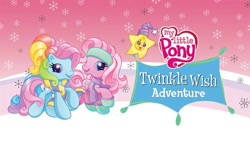 Size: 1280x720 | Tagged: safe, pinkie pie (g3), rainbow dash (g3), twinkle wish, earth pony, pony, g3, g3.5, official, twinkle wish adventure, clothes, gloves, looking at you, my little pony logo, open mouth, open smile, raised hoof, scarf, smiling, snow, snowflake, winter outfit