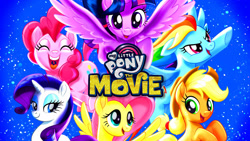 Size: 1920x1080 | Tagged: safe, applejack, fluttershy, pinkie pie, rainbow dash, rarity, twilight sparkle, alicorn, earth pony, pegasus, pony, unicorn, g4, my little pony: the movie, official, eyes closed, horn, looking at you, mane six, my little pony logo, open mouth, open smile, smiling, smiling at you, twilight sparkle (alicorn)