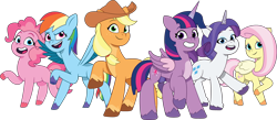 Size: 3352x1456 | Tagged: safe, artist:prixy05, applejack, fluttershy, pinkie pie, rainbow dash, rarity, twilight sparkle, alicorn, earth pony, pegasus, pony, unicorn, g4, g5, my little pony: tell your tale, female, g4 to g5, generation leap, horn, mane six, mare, simple background, transparent background, twilight sparkle (alicorn), vector