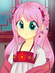 Size: 1536x2048 | Tagged: safe, artist:fluttershy_art.nurul, fluttershy, human, equestria girls, g4, bangs, braid, chinese clothes, clothes, cute, ear piercing, earring, eyeshadow, fanart, female, flower, flower in hair, hairstyle, hanfu, jewelry, looking at you, makeup, miko, piercing, robe, shyabetes, smiling, smiling at you, solo, using references
