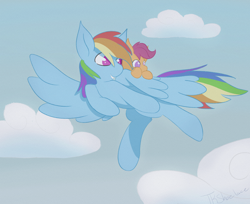Size: 4152x3382 | Tagged: safe, artist:tkshoelace, rainbow dash, scootaloo, pegasus, pony, g4, cloud, duo, female, filly, flying, foal, mare, raised hoof, scootalove, siblings, sisters