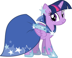 Size: 2844x2270 | Tagged: safe, edit, vector edit, twilight sparkle, alicorn, pony, g4, blue dress, castle creator, clothes, dress, folded wings, gala dress, shoes, simple background, smiling, solo, starry dress, transparent background, twilight sparkle (alicorn), vector, wings