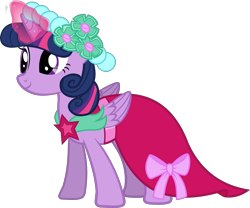 Size: 2839x2359 | Tagged: safe, edit, vector edit, twilight sparkle, alicorn, pony, a canterlot wedding, g4, bridesmaid, bridesmaid dress, castle creator, clothes, dress, folded wings, glowing, glowing horn, horn, simple background, smiling, solo, transparent background, twilight sparkle (alicorn), vector, wings