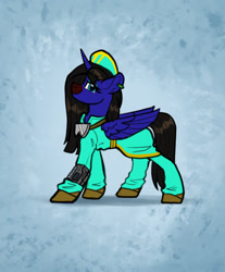 Size: 1551x1872 | Tagged: safe, artist:helmie-art, oc, oc only, oc:nubiála noča, alicorn, pony, fallout equestria, fanfic:fallout equestria - to bellenast, artificial alicorn, clothes, goggles, safety goggles, scrubs (gear), solo