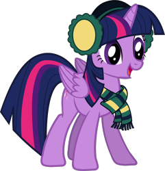 Size: 2750x2857 | Tagged: safe, edit, vector edit, twilight sparkle, alicorn, pony, g4, castle creator, clothes, earmuffs, folded wings, open mouth, open smile, scarf, simple background, smiling, solo, striped scarf, transparent background, twilight sparkle (alicorn), vector, wings, winter outfit