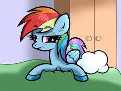 Size: 2000x1500 | Tagged: safe, artist:scandianon, rainbow dash, pegasus, pony, g4, bed, bedroom, cloud, dresser, female, indoors, looking at you, lying down, mare, prone, rainbow dash is not amused, solo, unamused