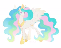 Size: 2048x1615 | Tagged: safe, artist:iksiudodi_, princess celestia, alicorn, pony, g4, concave belly, female, hoof shoes, jewelry, mare, peytral, regalia, simple background, slender, solo, thin, white background