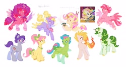 Size: 2048x1092 | Tagged: safe, artist:iksiudodi_, fifi (g5), flare (g5), luminous dazzle, paisley bluebell, posey bloom, ruby jubilee, vanilla swirl, windy, 莉芙, earth pony, pegasus, pony, unicorn, g5, bow, bracelet, burning, choker, colored wings, cup, fake horn, female, flower, flower in hair, flying, food, glasses, hair bow, hat, hoof hold, horn, jewelry, mare, microphone, necklace, on fire, simple background, sitting, spread wings, tail, tail bow, tea, teacup, white background, wings