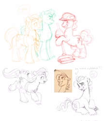 Size: 1830x2048 | Tagged: safe, artist:iksiudodi_, hitch trailblazer, sprout cloverleaf, sunny starscout, earth pony, pony, g5, broom, female, gay, helmet, male, mare, ship:clovertrail, shipping, simple background, sitting, sketch, stallion, tooth gap, trio, white background