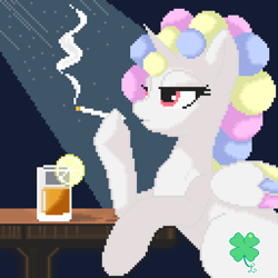 Size: 1280x1280 | Tagged: safe, artist:lukhica, oc, oc only, oc:cottomsky, alicorn, pony, alcohol, cigarette, drink, horn, pixel art, pixelated, smoking, solo, whiskey