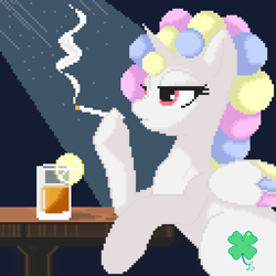 Size: 1280x1280 | Tagged: safe, artist:lukhica, oc, oc only, oc:cottomsky, alicorn, pony, alcohol, cigarette, drink, horn, pixel-crisp art, pixelated, smoking, solo, whiskey