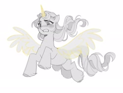 Size: 2048x1540 | Tagged: safe, artist:iksiudodi_, sunny starscout, alicorn, earth pony, pony, g5, artificial horn, artificial wings, augmented, colored sketch, female, flying, horn, limited palette, magic, magic horn, magic wings, mare, race swap, simple background, sketch, solo, sunnycorn, white background, wings