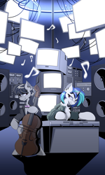 Size: 1200x2000 | Tagged: safe, artist:hovawant, dj pon-3, octavia melody, vinyl scratch, pony, g4, bipedal, cello, clothes, crt, mixer, monitor, music notes, musical instrument, speaker, television, turntable
