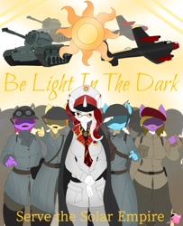 Size: 460x566 | Tagged: safe, artist:mairiathus, oc, oc:red rocket, anthro, equestria at war mod, avro lancaster, heavy bomber, patton tank, plane, propaganda, recruitment poster, solar empire, soldiers, tank (vehicle), vehicle