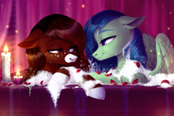 Size: 3000x2000 | Tagged: safe, artist:sparkling_light, oc, oc only, oc:java, pegasus, pony, bath, bathroom, bedroom eyes, bubble bath, bust, candle, duo, female, foam, lesbian, looking into each others eyes, oc x oc, romantic, rose petals, shipping, wings