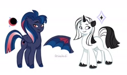 Size: 2250x1344 | Tagged: safe, artist:iksiudodi_, oc, oc only, oc:silver shine, bat pony, pony, unicorn, g5, duo, ear tufts, female, horn, mare, reference sheet, simple background, tell your tale accurate, unshorn fetlocks, white background