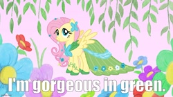 Size: 888x499 | Tagged: safe, edit, edited screencap, screencap, fluttershy, g4, suited for success, caption, clothes, dress, earth day, flower, flower in hair, gala dress, image macro, imgflip, text, truth